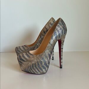 Christian Louboutin Silver Glitter Zebra-Print Platform Pumps